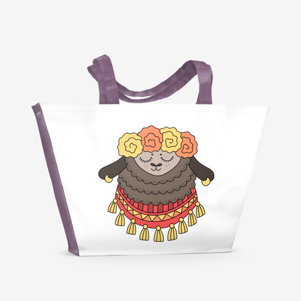 Пляжная сумка &laquo;Лама с цветочным венком на голове и узорчатым платком с кисточками на шее&raquo;