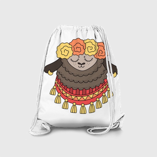 Рюкзак «Лама с цветочным венком на голове и узорчатым платком с кисточками на шее»