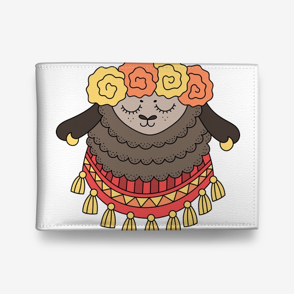 Кошелек «Лама с цветочным венком на голове и узорчатым платком с кисточками на шее»