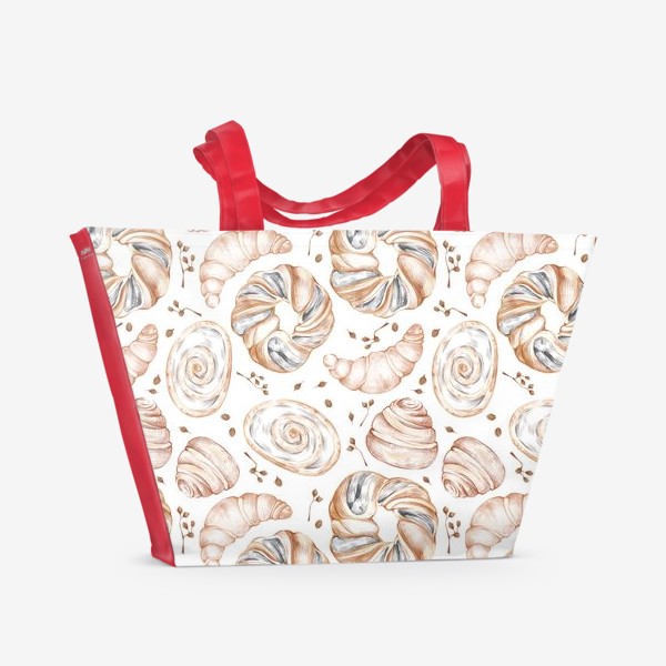Пляжная сумка &laquo;Акварельный нарисованный вручную бесшовный фон с яркими иллюстрациями хлебобулочных мучных изделий. Сладкая выпечка&raquo;