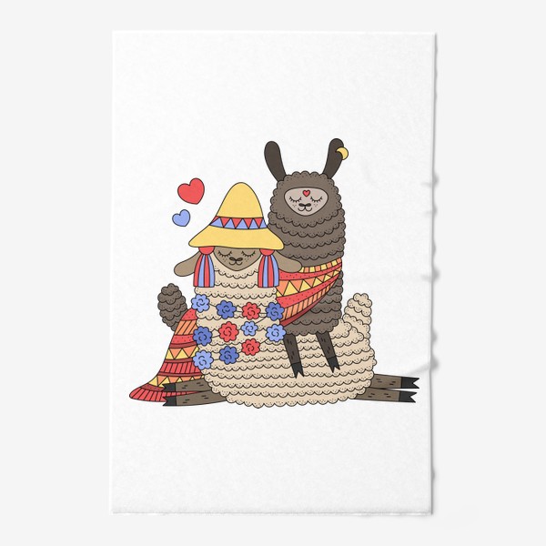 Полотенце &laquo;Влюбленная пара лам. Милые ламы, лама в шапочке с кисточками, лама в пледе&raquo;