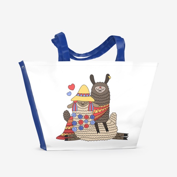 Пляжная сумка &laquo;Влюбленная пара лам. Милые ламы, лама в шапочке с кисточками, лама в пледе&raquo;