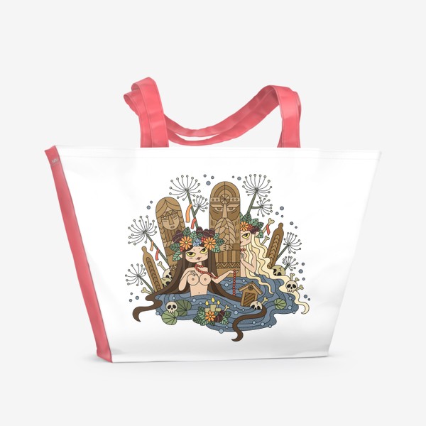 Пляжная сумка «Славянские русалки. Девушки в венках с цветами и шишками купаются в пруду»