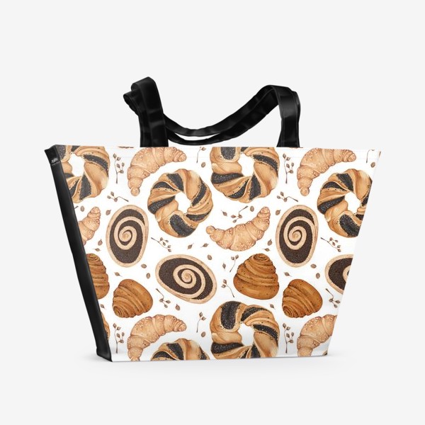 Пляжная сумка &laquo;Акварельный нарисованный вручную бесшовный фон с яркими иллюстрациями хлебобулочных мучных изделий. Сладкая выпечка&raquo;