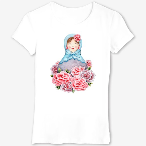 Футболка &laquo;Матрешка с розами, русская матрёшка, весенние цветы&raquo;