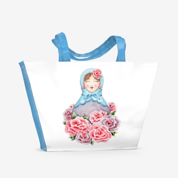 Пляжная сумка «Матрешка с розами, русская матрёшка, весенние цветы»