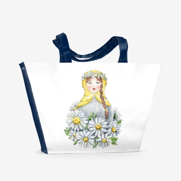 Пляжная сумка &laquo;Матрешка с ромашками, весенние цветы, русская матрешка&raquo;