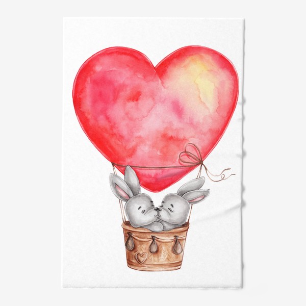 Полотенце «Влюбленные зайчики летят на воздушном шаре в форме сердца. Ко Дню всех влюбленных!»