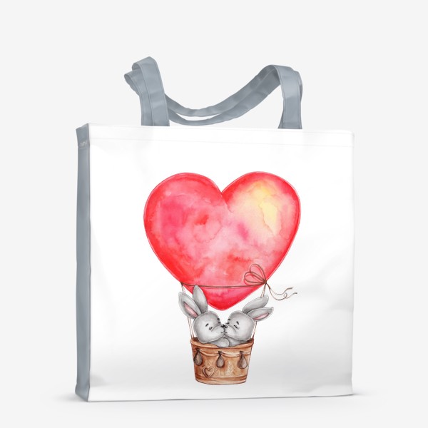 Сумка-шоппер «Влюбленные зайчики летят на воздушном шаре в форме сердца. Ко Дню всех влюбленных!»