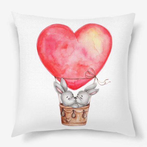 Подушка «Влюбленные зайчики летят на воздушном шаре в форме сердца. Ко Дню всех влюбленных!»