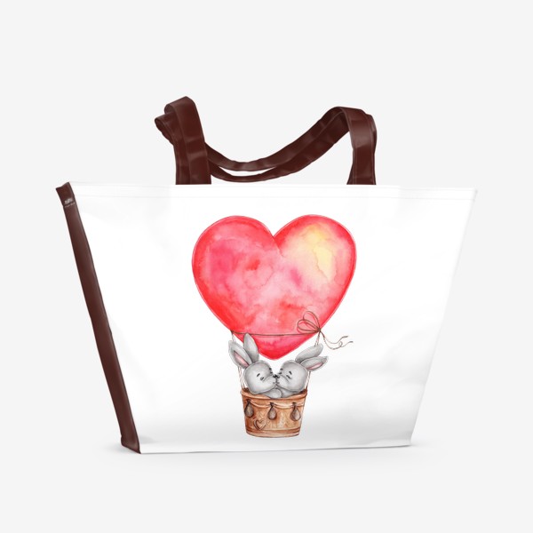Пляжная сумка «Влюбленные зайчики летят на воздушном шаре в форме сердца. Ко Дню всех влюбленных!»