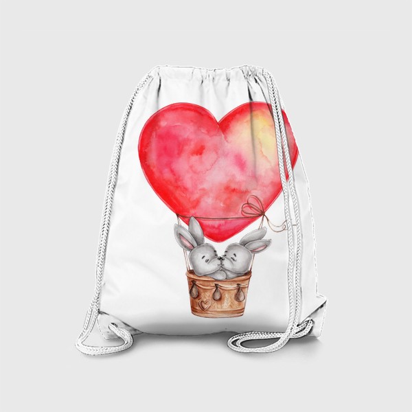 Рюкзак «Влюбленные зайчики летят на воздушном шаре в форме сердца. Ко Дню всех влюбленных!»