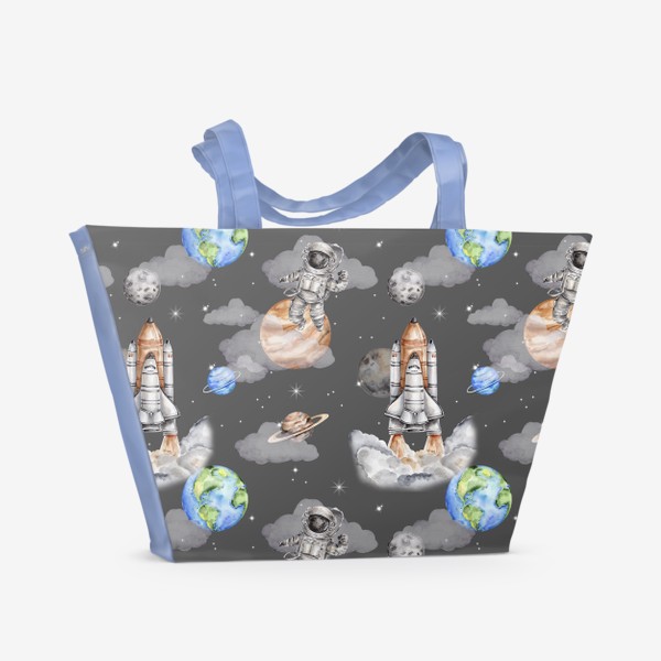 Пляжная сумка «Космический паттерн - планеты, астронавт, космический корабль ,звёзды - на темном фоне»