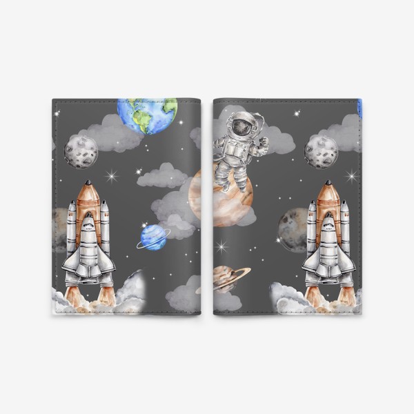 Обложка для паспорта «Космический паттерн - планеты, астронавт, космический корабль ,звёзды - на темном фоне»