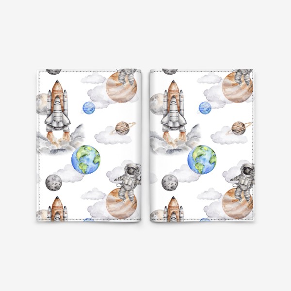 Обложка для паспорта «Космический паттерн - планеты, астронавт, космический корабль»