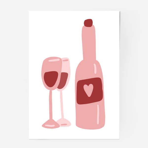 Постер «Бутылка красного вина с бокалами, в подарок на день святого валентина»