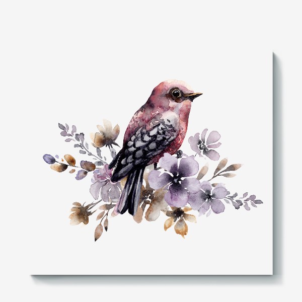 Холст &laquo;Розовая акварельная птичка в фиолетовых цветах.&raquo;