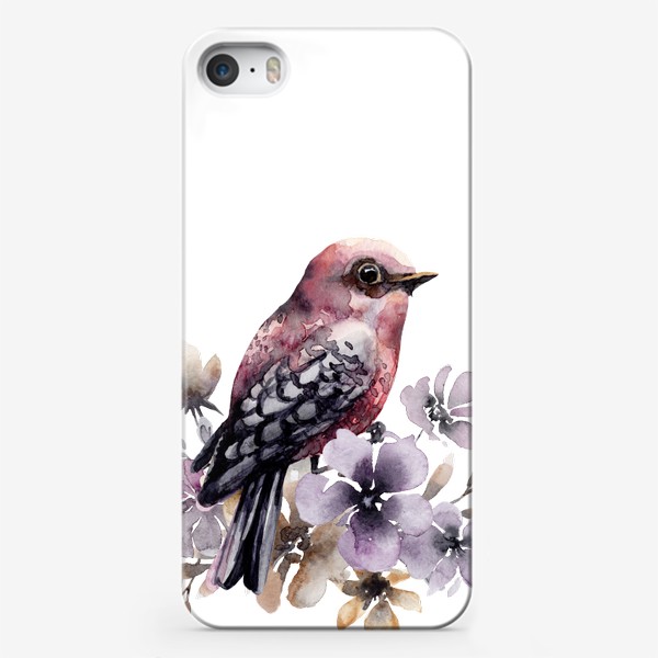 Чехол iPhone «Розовая акварельная птичка в фиолетовых цветах.»