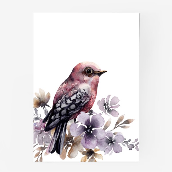 Постер «Розовая акварельная птичка в фиолетовых цветах.»