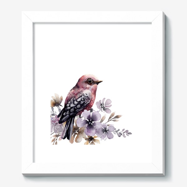 Картина «Розовая акварельная птичка в фиолетовых цветах.»