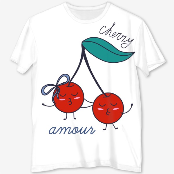 Футболка с полной запечаткой «Милые вишни в дудл стиле. Надпись Cherry amour»