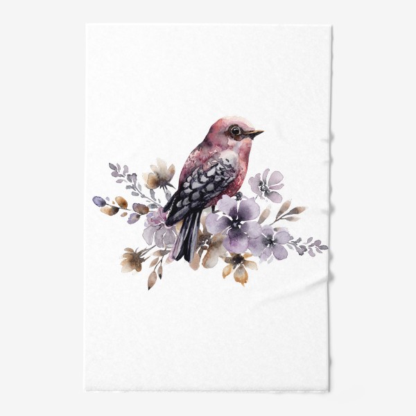 Полотенце &laquo;Розовая акварельная птичка в фиолетовых цветах.&raquo;