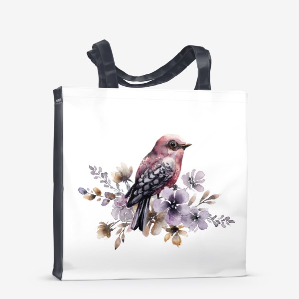 Сумка-шоппер &laquo;Розовая акварельная птичка в фиолетовых цветах.&raquo;