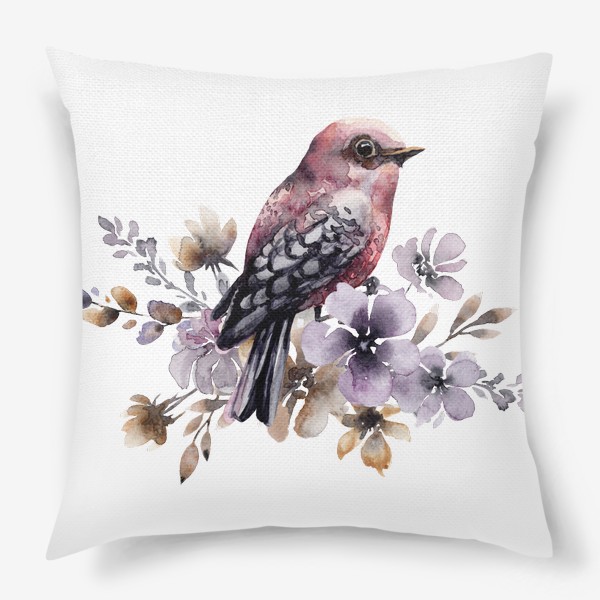 Подушка &laquo;Розовая акварельная птичка в фиолетовых цветах.&raquo;