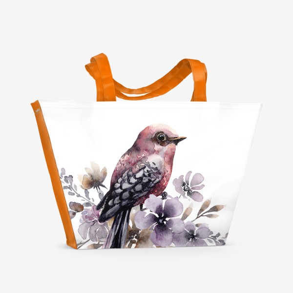 Пляжная сумка &laquo;Розовая акварельная птичка в фиолетовых цветах.&raquo;