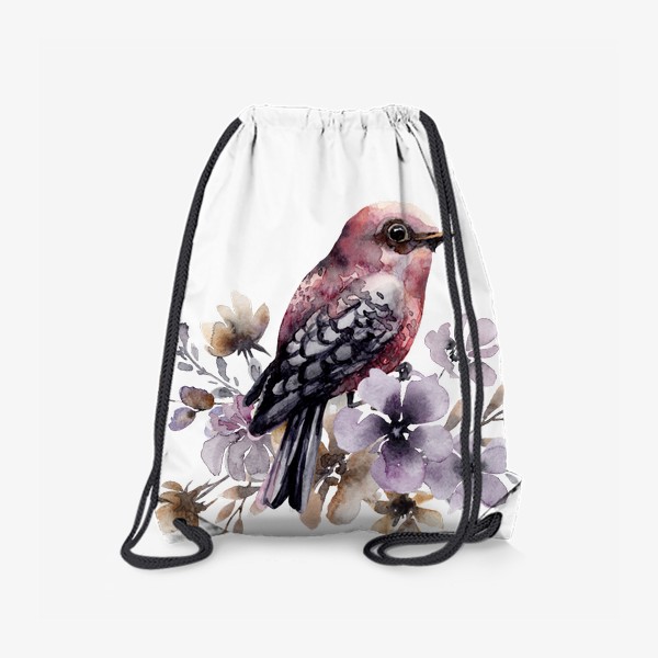 Рюкзак «Розовая акварельная птичка в фиолетовых цветах.»