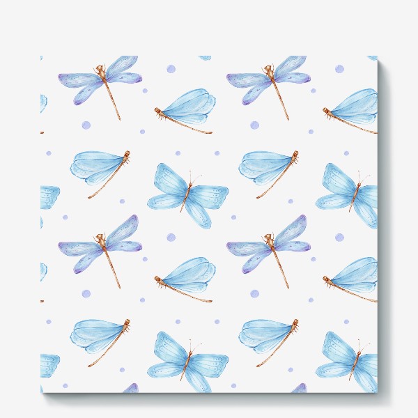 Холст «Паттерн голубые стрекозы и бабочки»