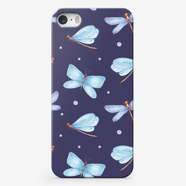 Чехол iPhone «Голубые стрекозы и бабочки на темно-фиолетовом фоне»
