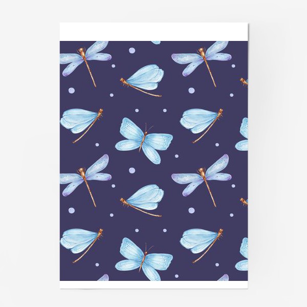 Постер «Голубые стрекозы и бабочки на темно-фиолетовом фоне»