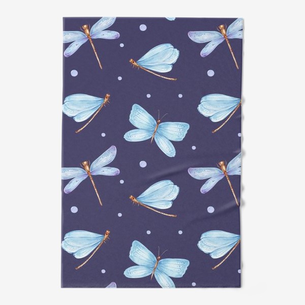 Полотенце «Голубые стрекозы и бабочки на темно-фиолетовом фоне»