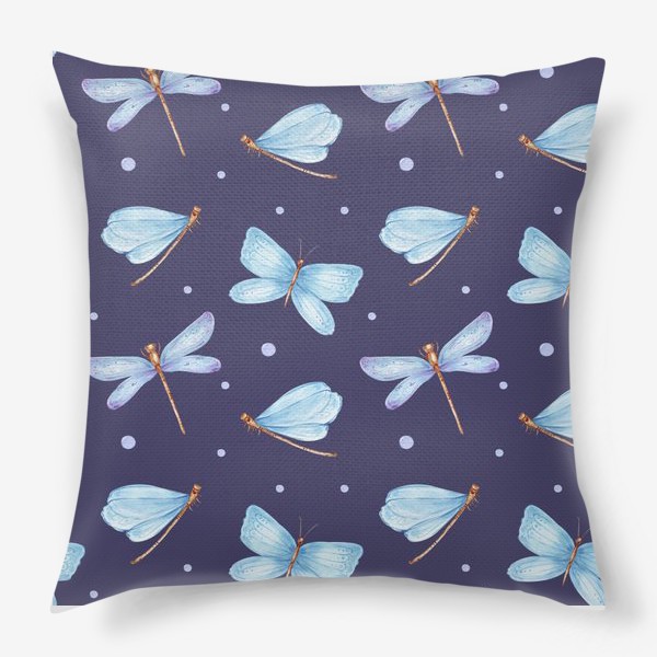 Подушка «Голубые стрекозы и бабочки на темно-фиолетовом фоне»