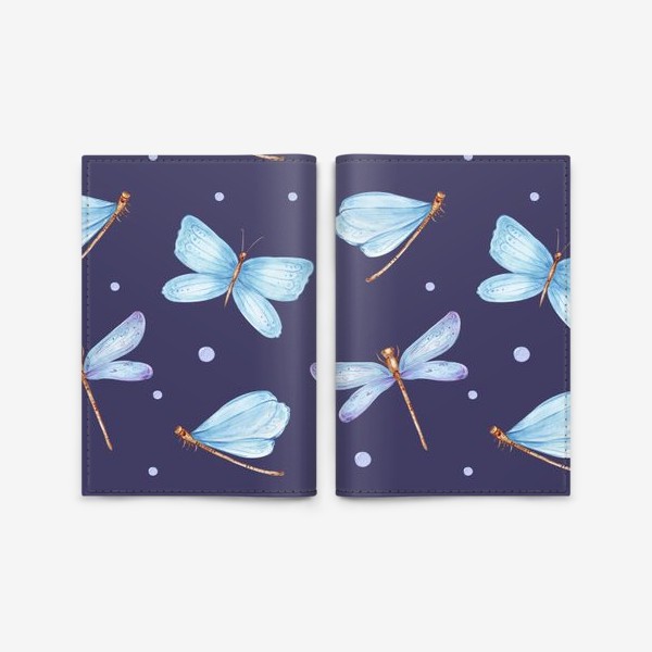 Обложка для паспорта &laquo;Голубые стрекозы и бабочки на темно-фиолетовом фоне&raquo;