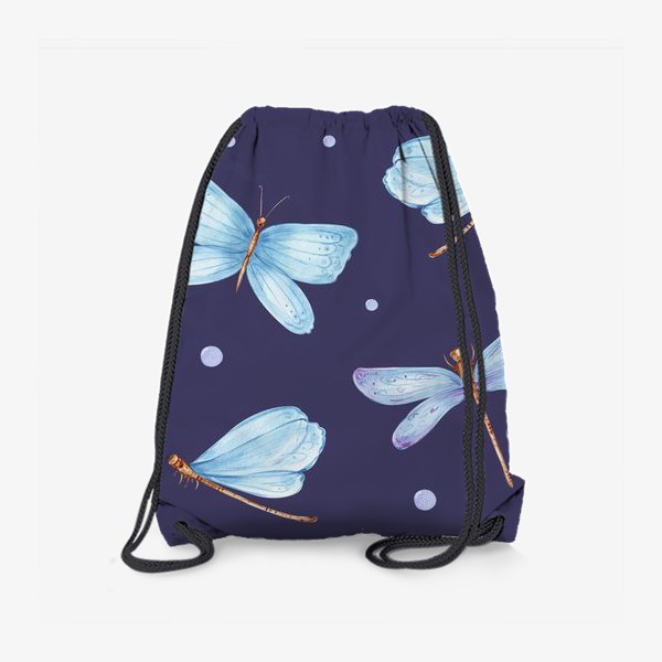 Рюкзак &laquo;Голубые стрекозы и бабочки на темно-фиолетовом фоне&raquo;