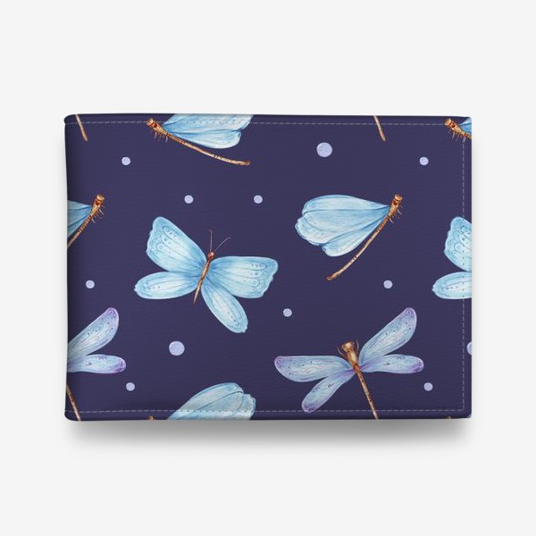 Кошелек «Голубые стрекозы и бабочки на темно-фиолетовом фоне»