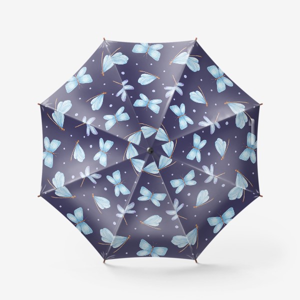 Зонт «Голубые стрекозы и бабочки на темно-фиолетовом фоне»