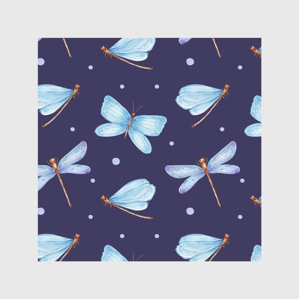 Шторы &laquo;Голубые стрекозы и бабочки на темно-фиолетовом фоне&raquo;