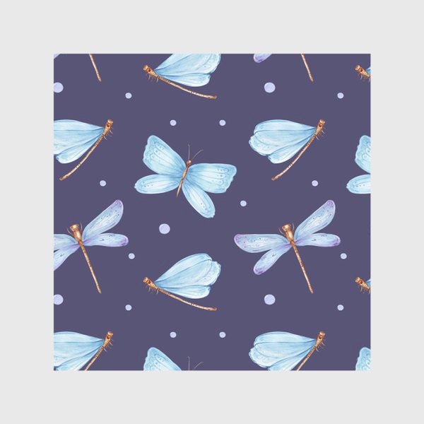 Скатерть «Голубые стрекозы и бабочки на темно-фиолетовом фоне»