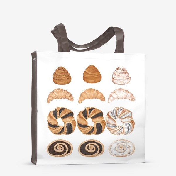 Сумка-шоппер «Акварельный нарисованный вручную набор с яркими иллюстрациями хлебобулочных мучных изделий. Сладкая выпечка, круассан»