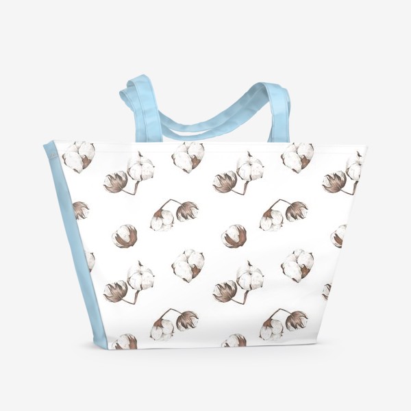 Пляжная сумка &laquo;Акварельный нарисованный вручную бесшовный фон с нежными иллюстрациями веток и коробочек хлопка&raquo;