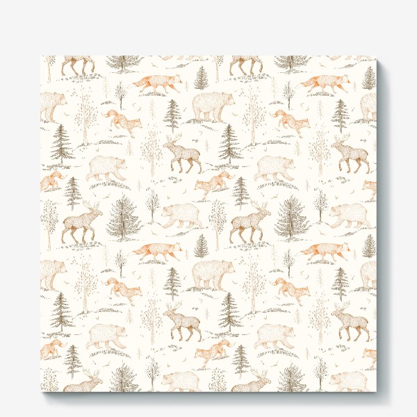 Холст &laquo;Графичный нарисованный вручную бесшовный фон. Скандинавский лес, лесные животные-медведь, лиса, лось, ели. Детские обои&raquo;