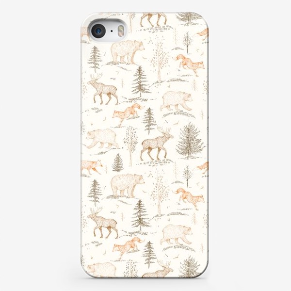 Чехол iPhone «Графичный нарисованный вручную бесшовный фон. Скандинавский лес, лесные животные-медведь, лиса, лось, ели. Детские обои»