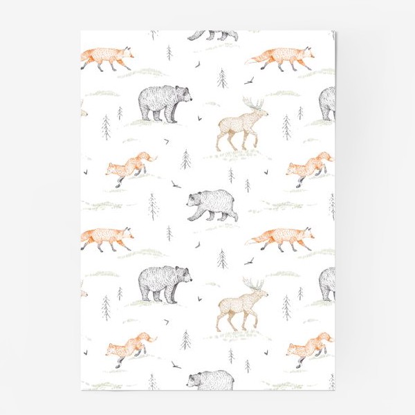 Постер «Графичный нарисованный вручную бесшовный фон. Скандинавский лес, лесные животные-медведь, лиса, лось, ели. Детские обои»