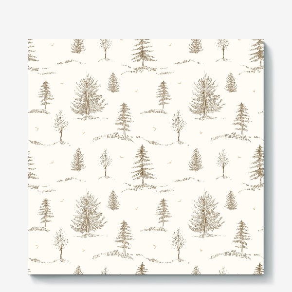 Холст &laquo;Графичный нарисованный вручную бесшовный фон. Скандинавский лес, хвойные деревья, ели. Сепия. Детские обои&raquo;