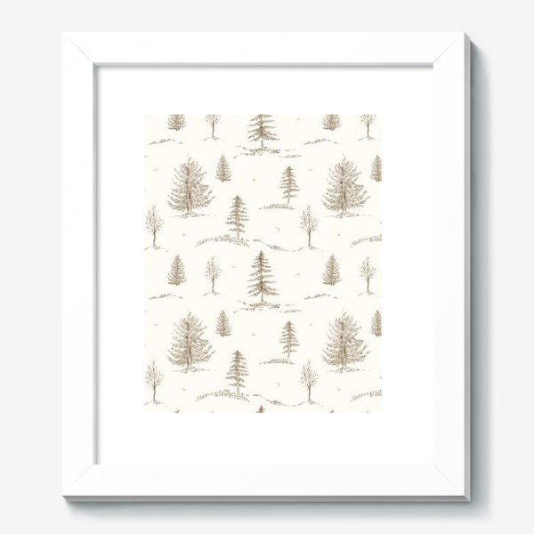 Картина «Графичный нарисованный вручную бесшовный фон. Скандинавский лес, хвойные деревья, ели. Сепия. Детские обои»