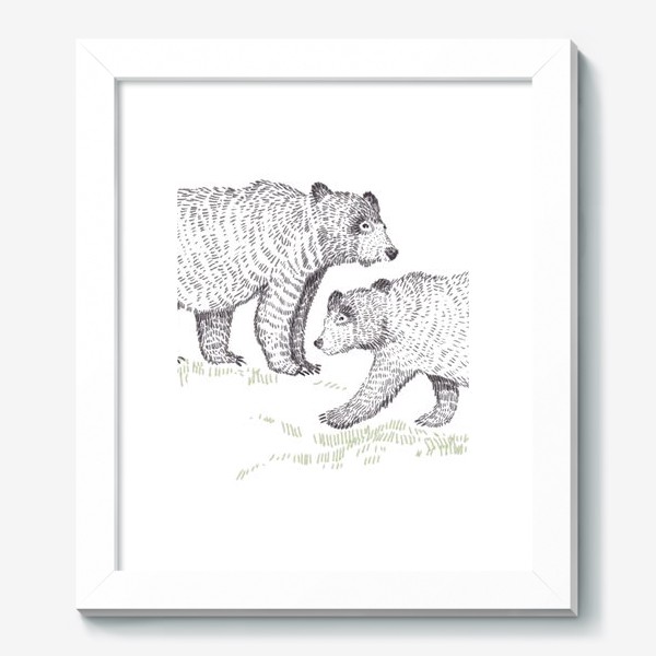 Картина «Графичная нарисованная вручную скандинавская детская иллюстрация. Лесные животные мишки. Два медведя»