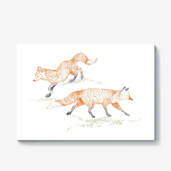 Холст &laquo;Графичная нарисованная вручную скандинавская детская иллюстрация. Лесные животные рыжие лисы. Две лисицы&raquo;